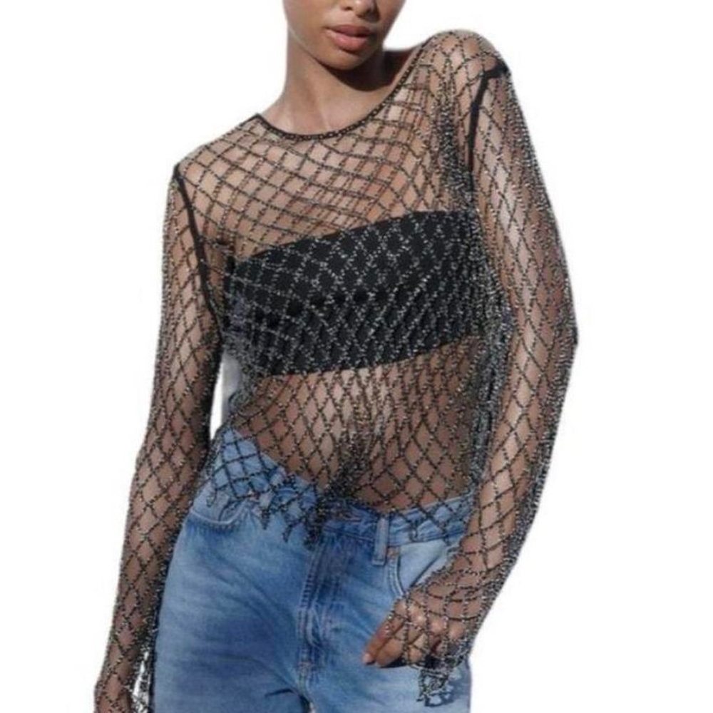 Zara Black Sheer Net Long-Sleeve Crop Top